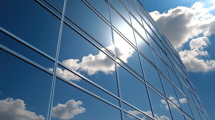 Sunlight streams into a glass building, reflecting and brightening the space beneath a vibrant blue sky with fluffy clouds