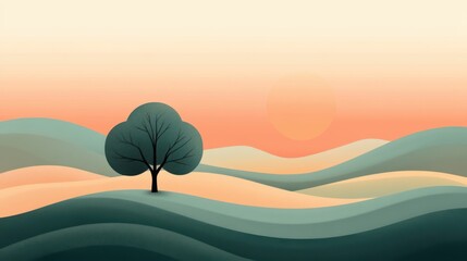International Day of Forests. Serene Sunset Landscape with Single Tree and Rolling Hills
