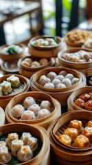 A vibrant assortment of delicate dumplings presented in wooden steamer baskets fills the table at a bustling eatery. Guests eagerly savor the variety of flavors and textures