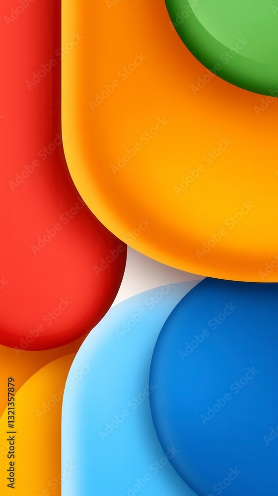 Poster abstract image featuring overlapping vibrant colored shapes, primarily red, orange, yellow, blue and