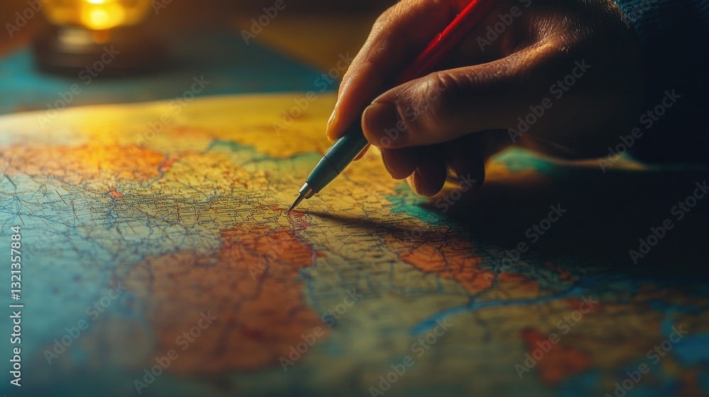 Poster A person is marking points on a map using a pencil, likely for planning or navigation purposes