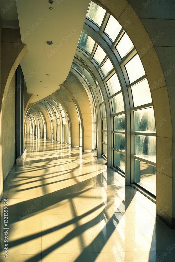 Poster A long hallway with multiple windows and a clock on the wall, suitable for use in architecture or interior design images