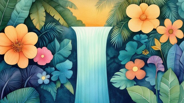 International Day of Forests. Waterfall in Lush Tropical Paradise with Vibrant Flowers
