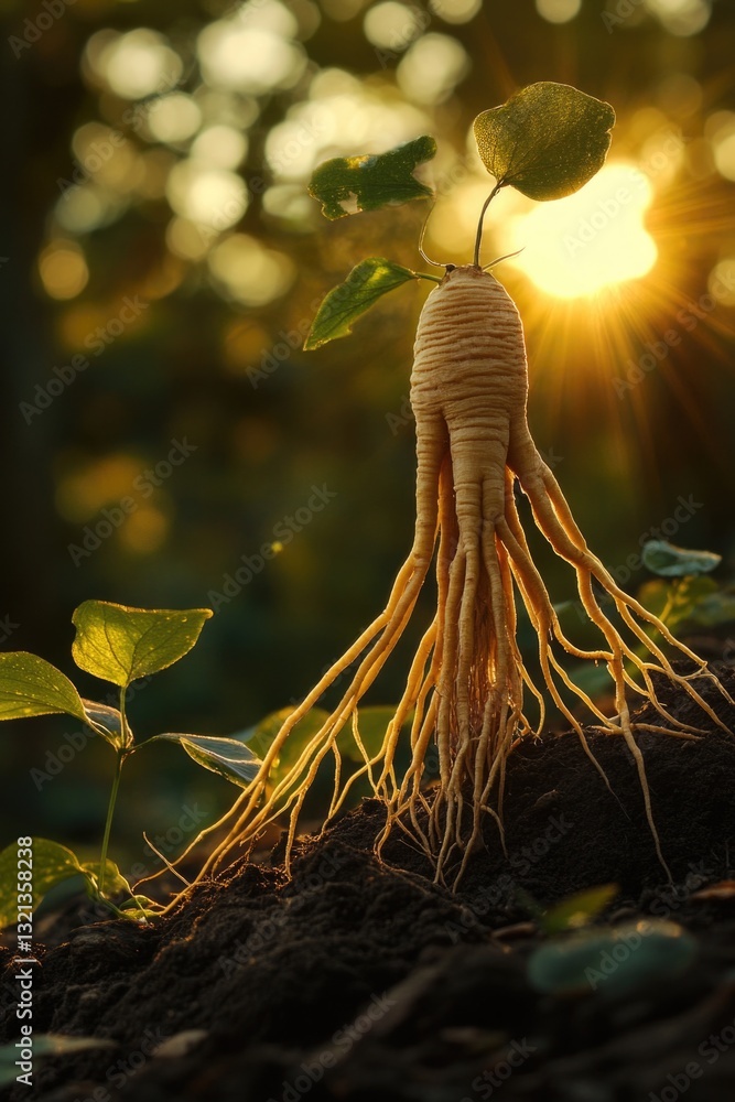 Poster a close-up view of a plant with the sun shining brightly in the background