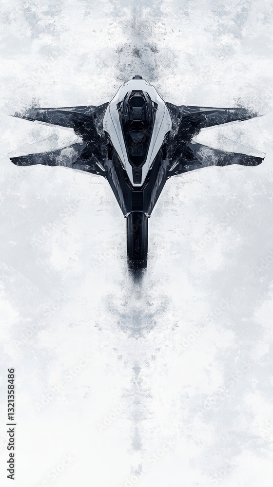 Poster abstract digital art depicting a dark, angular spaceship leaving a white trail against a light gray 