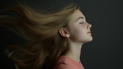 Fototapeta premium Young Caucasian woman with long, smooth brunette hair blowing in the air, isolated on a dark grey background. Beauty model with flawless skin, representing salon hair care, fashion, and elegance