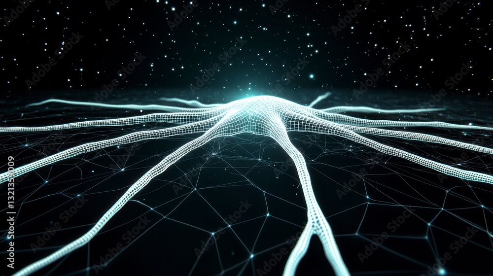 Poster abstract digital art depicting a network of glowing white lines converging at a central point agains