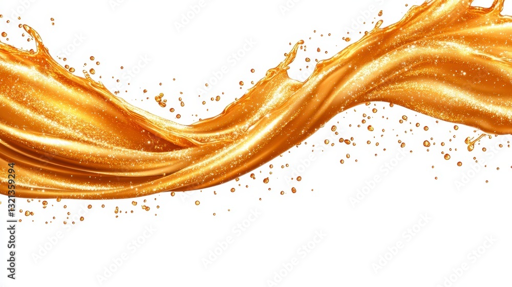 Poster abstract image of flowing golden liquid with sparkles against a white background. the liquid is dyna