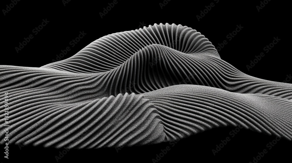 Poster abstract grayscale 3d rendering of a textured, undulating surface resembling a landscape or wave pat