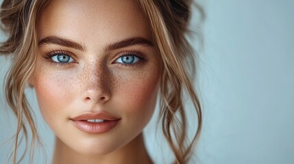 Naklejka premium A woman with blue eyes and light brown hair is smiling