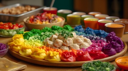 Colorful Pork Dumplings with Dipping Sauces