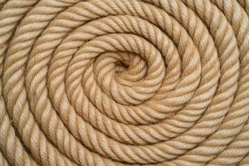 A close-up view of coiled rope, showcasing its twisted strands and natural texture in a spiral arrangement.