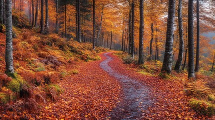 Obraz premium Autumn forest path, colorful leaves, misty day, walking, nature, scenic, beauty, tranquil