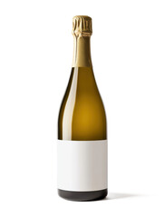 A premium champagne bottle with a cork top, white label for mock-up, elegant lighting, placed on a white background.