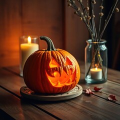 Carved pumpkin on a wooden table with a glass vase nearby, candlelight, wood, fall decor
