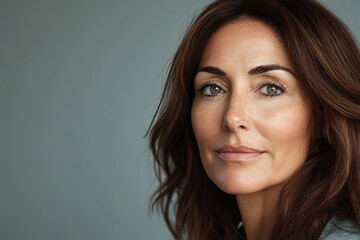 Fototapeta premium A woman with brown hair and green eyes is smiling
