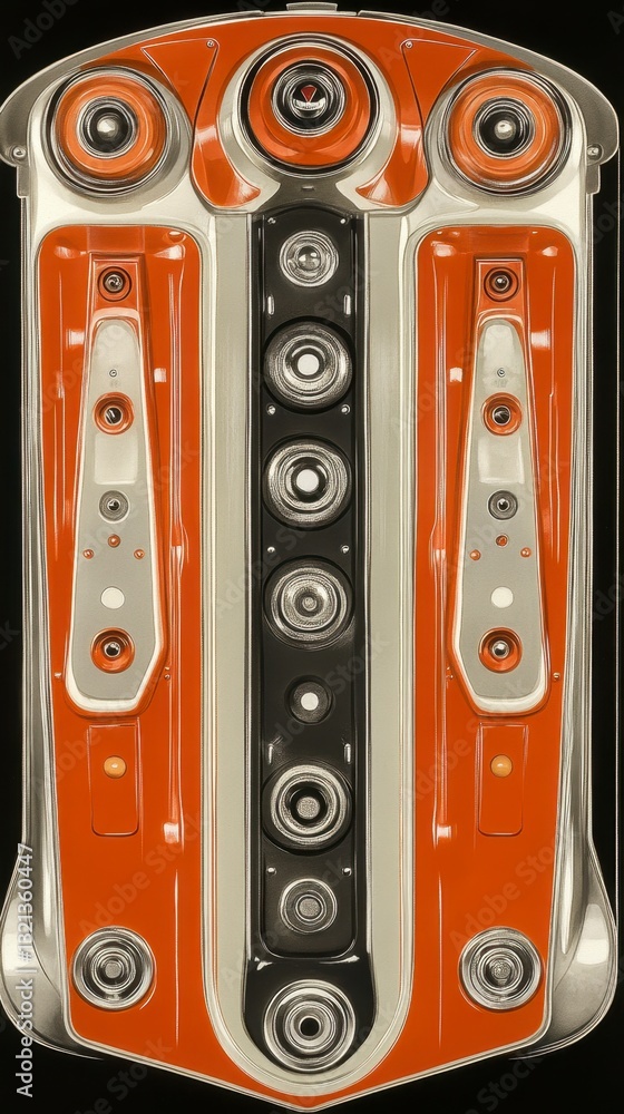 Aufkleber abstract close up of a metallic orange and silver object with intricate detailing, circular and rect