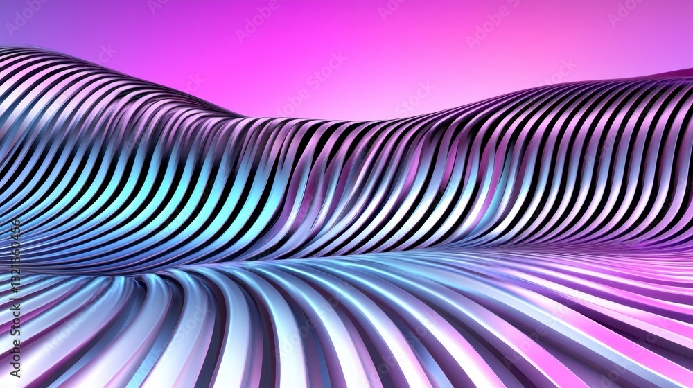 Poster abstract 3d rendering of metallic purple and blue wave like forms with striped patterns against a gr