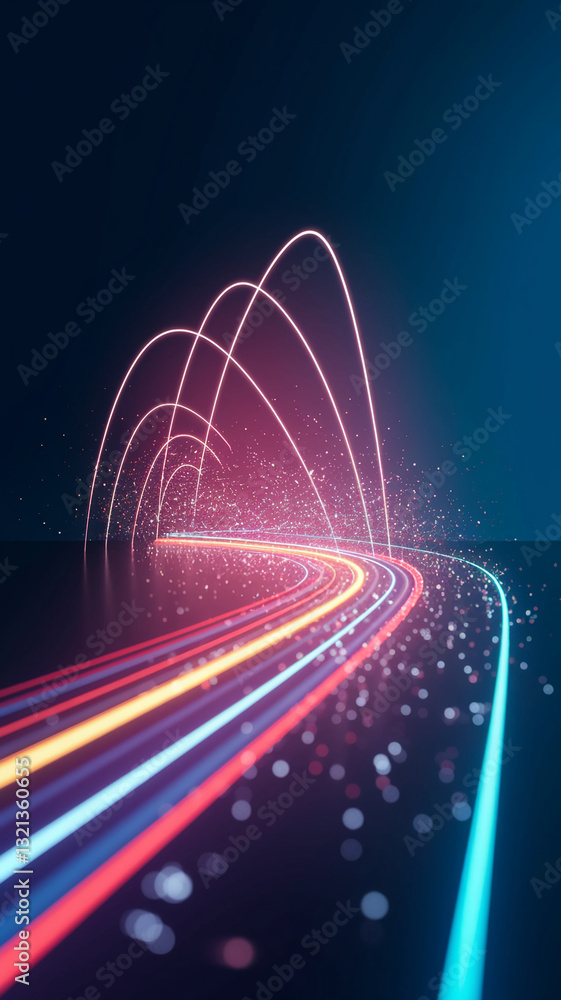 Poster abstract image of glowing lines forming arcs and curves, creating a dynamic, energetic composition. 