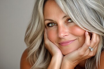 A woman with long blonde hair and a diamond ring on her finger is smiling