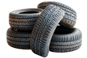 Stack of Used Car Tires for Automotive Isolated on Transparent Background