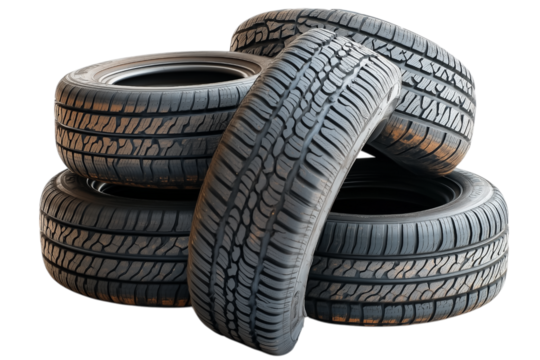Stack of Used Car Tires for Automotive Isolated on Transparent Background