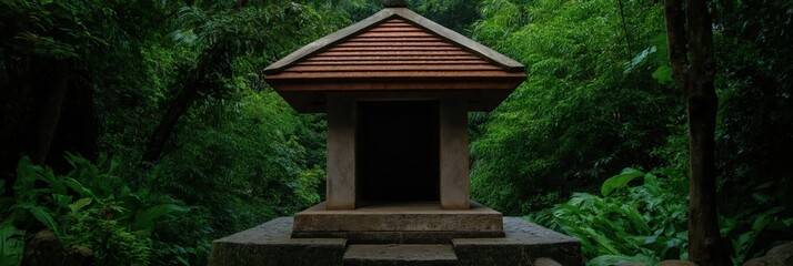 An intriguing ancient temple surrounded by vibrant greenery, symbolizing tranquility and a connection with nature, inviting visitors to explore its serene surroundings.