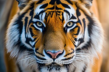 Naklejka premium Majestic close-up of a tiger displaying intense gaze and detailed fur, showcasing natural beauty and strength in a blurred backdrop