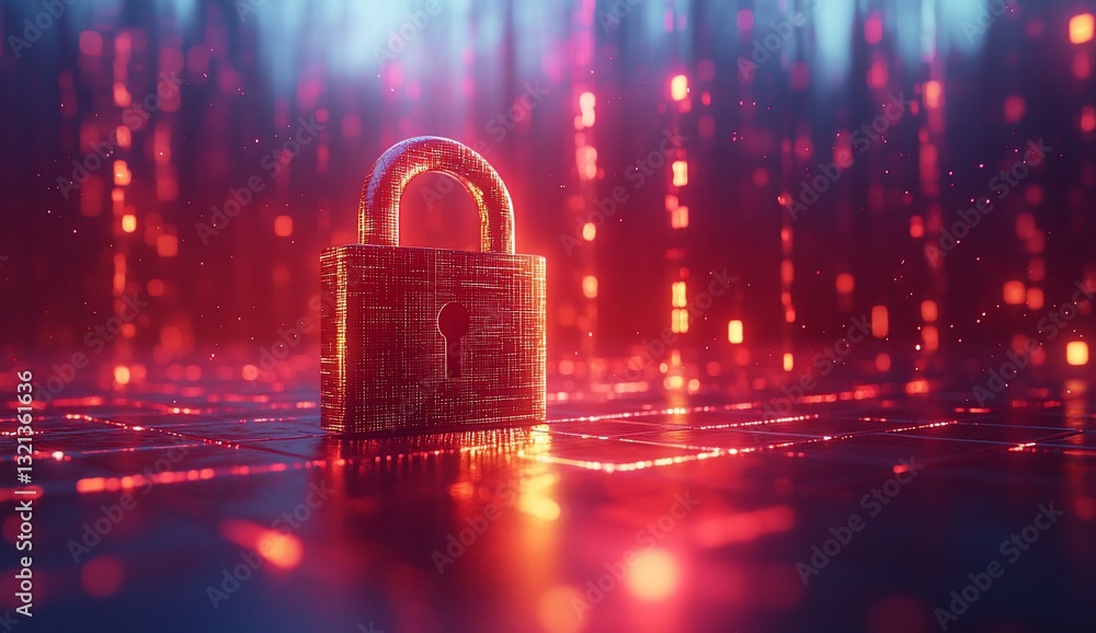 Poster secure lock on grid with glowing code for data protection and cybersecurity