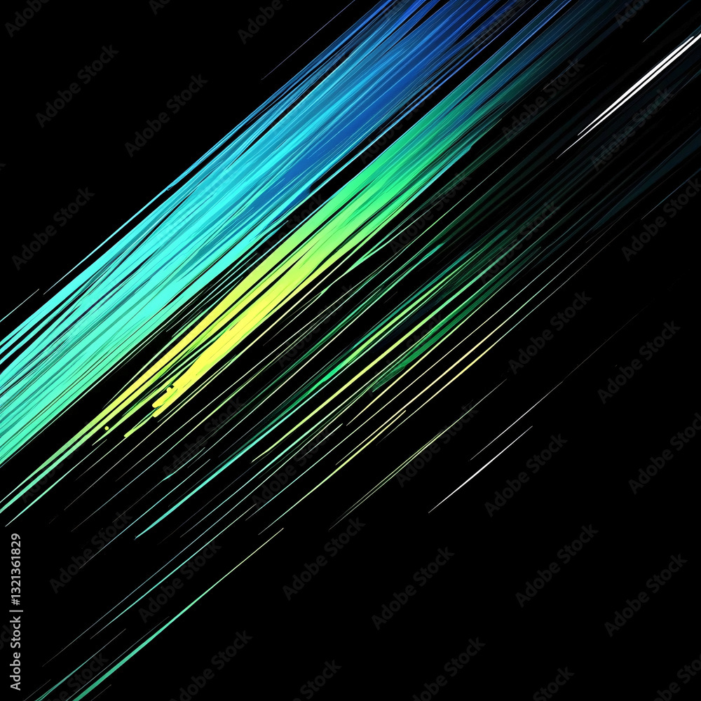 Poster dynamic diagonal light streaks in shades of blue green and yellow streak across a black background c