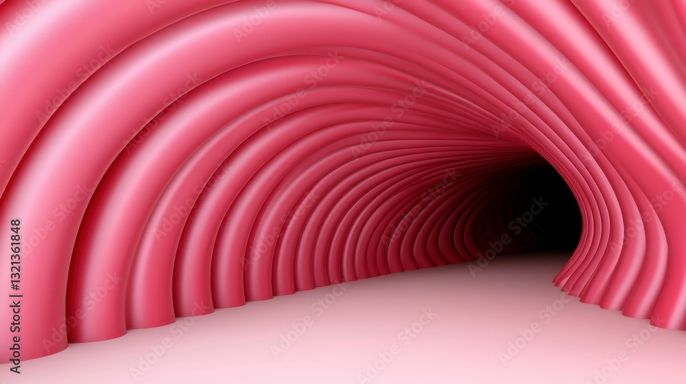Poster abstract 3d rendering of a pink tunnel with curved walls leading to a dark opening. smooth, wave lik
