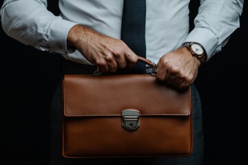 A businessman holding a stylish brown leather briefcase in a formal setting