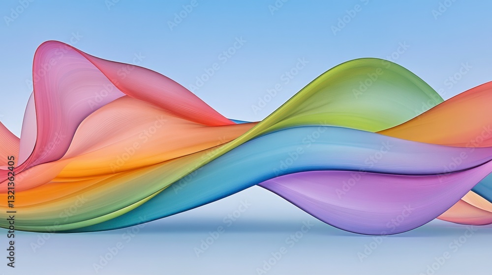 Poster abstract image of colorful, flowing fabric against a light blue background. the fabric is translucen