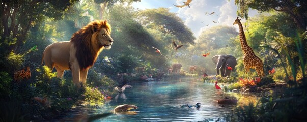 A vibrant jungle scene featuring various African wildlife animals