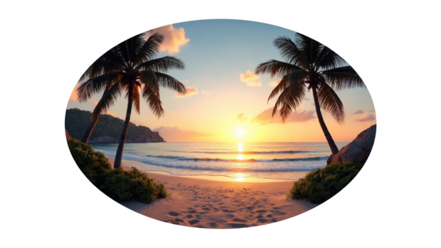 Serene Beach Scene with Palm Trees and Colorful Sunset Isolated on Transparent Background for Relaxation and Travel Themes - Powered by Adobe