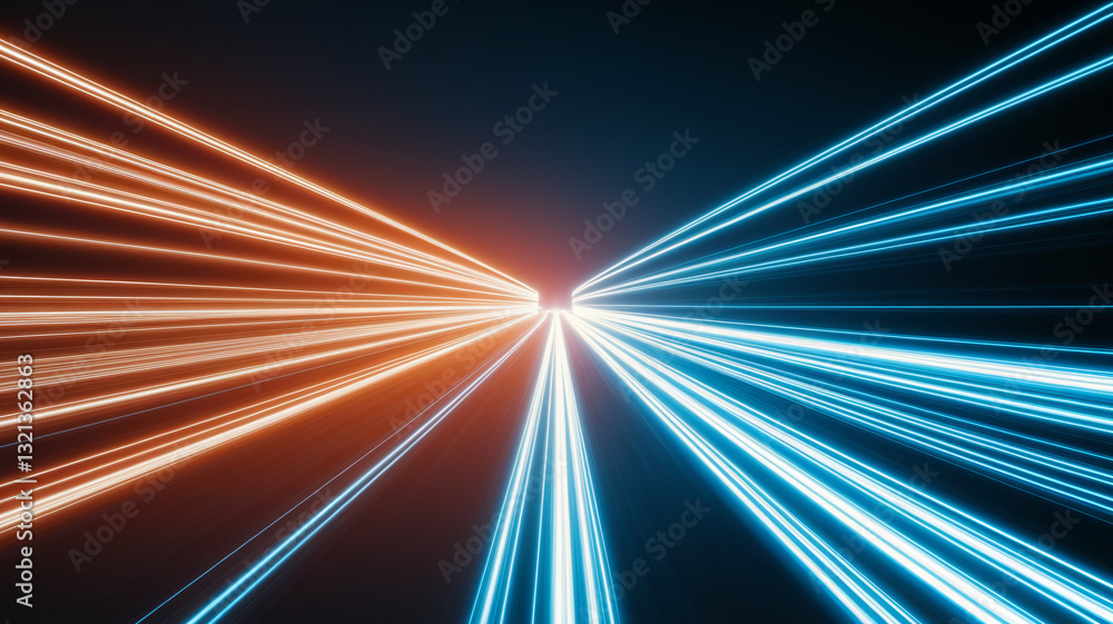 Poster abstract image of converging blue and orange light streaks, creating a dynamic and energetic visual,