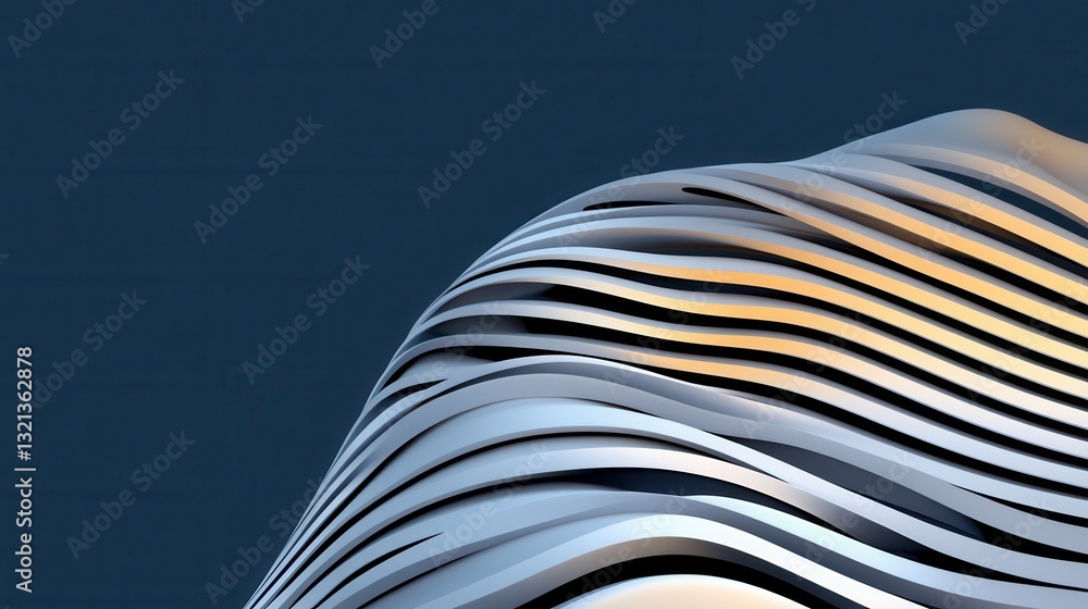 Poster abstract 3d rendering of flowing, metallic ribbons. silver and gold tones create a dynamic, wave lik