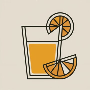 A glass of orange juice with a citrus slice. Bright orange illustration in line art style