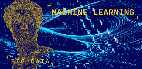 Vector illustration of a human face formed by yellow geometric lines, set against a digital backdrop. Modern cover highlights the theme of artificial intelligence and technology.