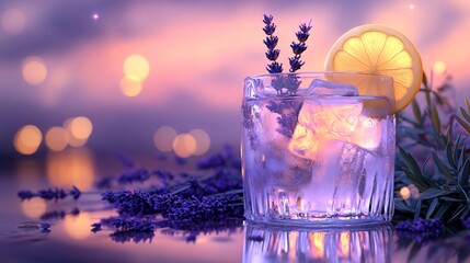 A hyper-realistic digital art piece showcasing the elegance of a perfectly balanced lavender lemon spritz, glowing softly in a twilight setting