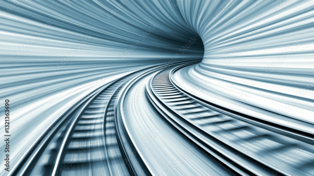 Poster abstract image of train tracks disappearing into a tunnel, conveying a sense of speed and motion. bl