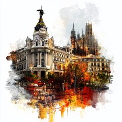 Fototapeta premium A vibrant artistic depiction of Madrid's iconic architecture and landmarks