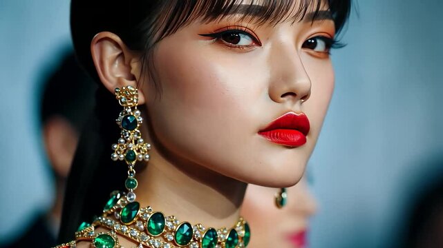 Asian woman with bold makeup and glamorous jewelry, embodying luxury and elegance, suitable for fashion editorials or New Year celebrations