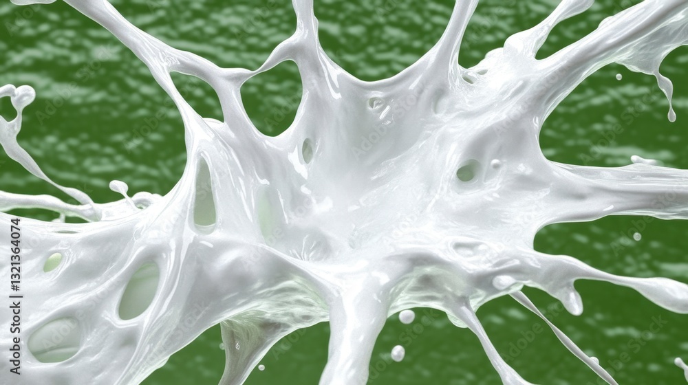 Poster abstract image of a white, viscous substance exploding against a muted olive green background. the s
