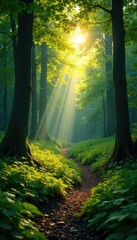 Fototapeta premium Forest clearing with sunlight peeking through, greenery, landscape