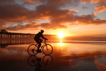 Fototapeta premium Bicyclist enjoys sunset ride along the beach reflecting on tranquil ocean waters