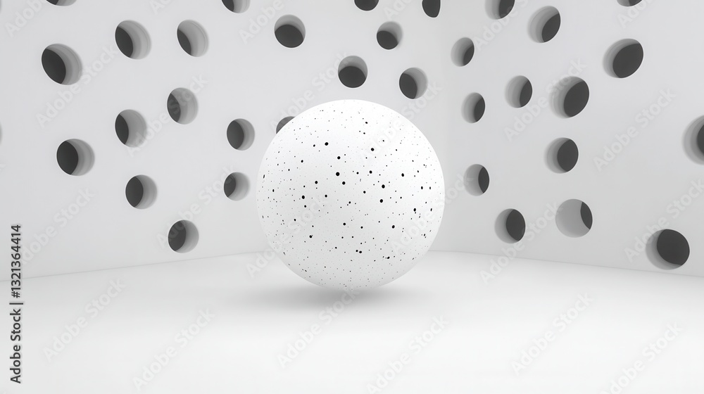 Poster abstract 3d rendering of a white sphere with small black dots, floating in a white room with numerou