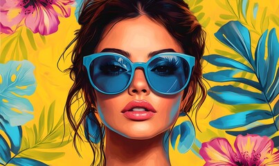 a woman wearing sunglasses with a tropical flower background.
