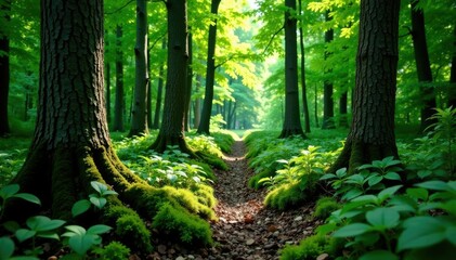 Obraz premium Forest floor foliage with grey camouflaged tree trunks, trees, leafy greens