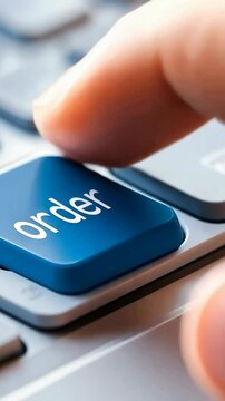 Close up of a finger pressing an order button on a computer keyboard for online shopping and e-commerce transactions, 4k video